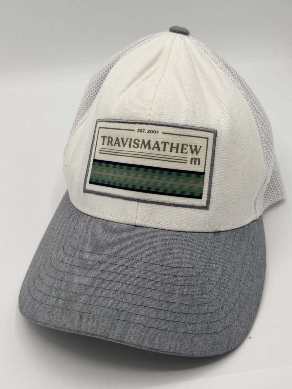 TravisMathew Est. 2007 Mesh Back Snapback Hat 110  FlexFit White Gray Adjustable